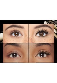 To sæt øjne, der viser før og efter påføring af mascara, med fokus på forøget længde og volumen af øjenvipperne på højre side af hvert sæt.