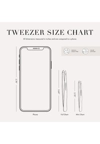 Contorno de teléfono de 5,78 pulgadas de alto comparado con dos pinzas: pinza inclinada completa de 3,69 pulgadas, pinza pequeña inclinada de 2,75 pulgadas, con iconos de vegano y sanitizable.