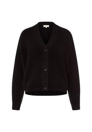 Czarny dzianinowy kardigan z dekoltem w serek, długimi rękawami i pięcioma dużymi guzikami. Posiada prążkowaną fakturę i skrócony dół.