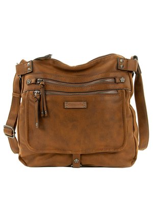 Brown faux leather crossbody bag with two front zip pockets, adjustable shoulder strap, and small metal logo plate on front pocket.