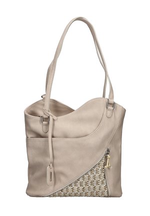 Sac à bandoulière beige avec deux fines bretelles, bord supérieur incurvé, et une poche avant tissée texturée avec une fermeture éclair et un pompon en tirant.