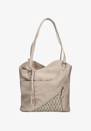 Sac à bandoulière beige avec deux fines bretelles, bord supérieur incurvé, et une poche avant tissée texturée avec une fermeture éclair et un pompon en tirant.