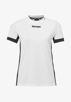T-shirt de sport blanc avec des accents noirs sur les manches et les côtés, en tissu respirant, doté d'un col rond et du logo "Kempa" à l'avant.