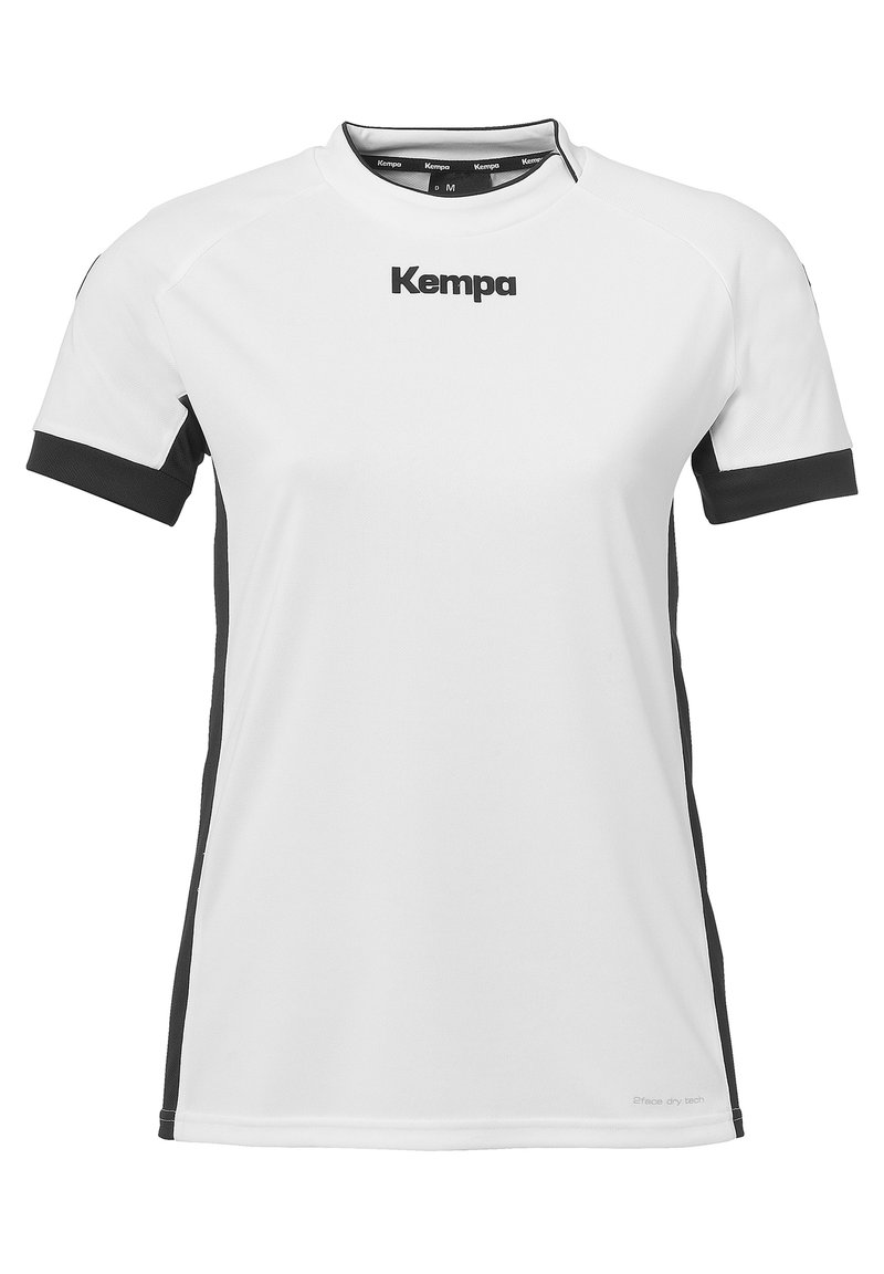 Witte sport t-shirt met zwarte accenten op de mouwen en zijkanten, gemaakt van ademend materiaal, met een ronde hals en het "Kempa" logo op de voorkant.