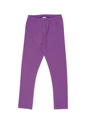 Purple elastic waist leggings with a slim fit design, made from smooth fabric, shown on a white background.