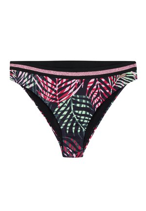 Slip bikini multicolore con un audace motivo a foglie tropicali in tonalità di rosa, verde e nero, completato da una sottile fascia in rosa.
