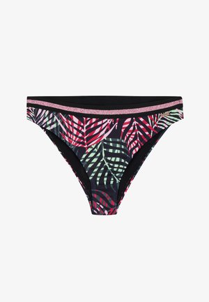 Slip bikini multicolore con un audace motivo a foglie tropicali in tonalità di rosa, verde e nero, completato da una sottile fascia in rosa.