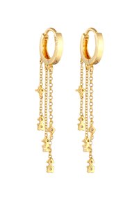 Pendientes de aro dorados con cadenas colgantes que presentan pequeños charms en forma de casa, fabricados en plata de ley 925, con un acabado de superficie suave.