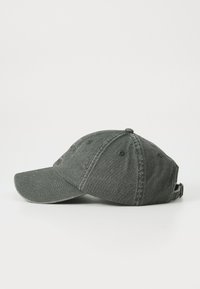 Dark gray denim baseball cap with curved brim and adjustable strap, shown from the side on a white background.