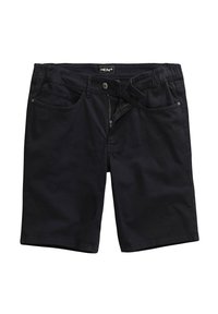 Pantalones cortos de algodón negro con cremallera, cierre de botón y cuatro bolsillos. Textura suave y corte recto, adecuados para climas cálidos.