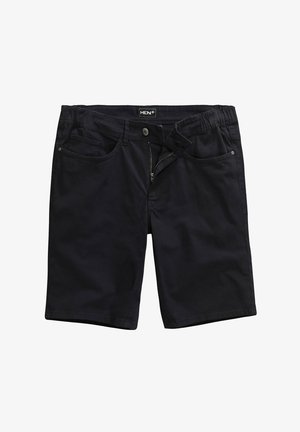 Schwarze Baumwollshorts mit Reißverschluss, Knopfverschluss und vier Taschen. Glatte Textur und gerader Schnitt, geeignet für warmes Wetter.