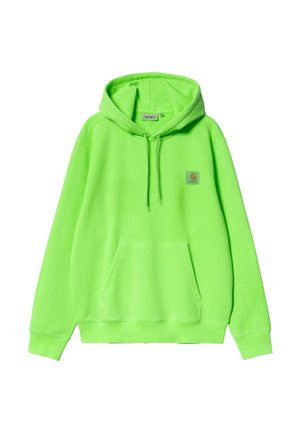 Sudadera con capucha de color verde neón brillante con bolsillo delantero, capucha con cordón y pequeño logo cuadrado de Carhartt en el pecho izquierdo.