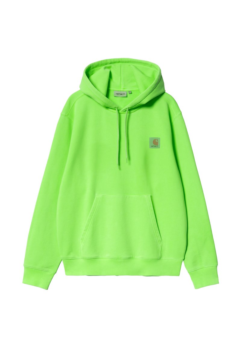 Felpa con cappuccio verde neon brillante con tasca frontale, cappuccio con coulisse e piccolo logo quadrato Carhartt sul petto sinistro.