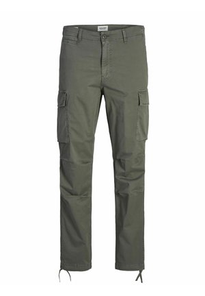 Cargo pants in olive green fabric with a smooth texture. Features multiple side pockets, a button closure, and drawstrings at the hem.