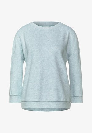 Light blue sweatshirt with a round neckline, drop shoulders, and long sleeves. Made from soft, textured fabric with a relaxed fit.