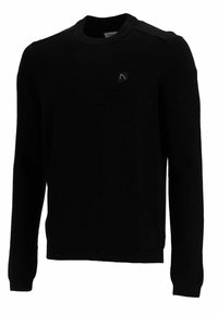 Maglione nero realizzato in tessuto testurizzato, con maniche lunghe, collo rotondo e un piccolo logo a forma di triangolo sul petto.