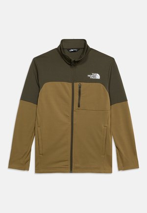 Heren fleecejack met volledige ritssluiting in olijfgroen en beige, met borstzak met rits en The North Face-logo op de linkerborst.