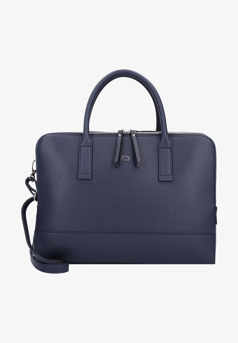 Serviette en cuir texturé bleu marine avec double poignée supérieure, double fermeture éclair et bandoulière amovible.