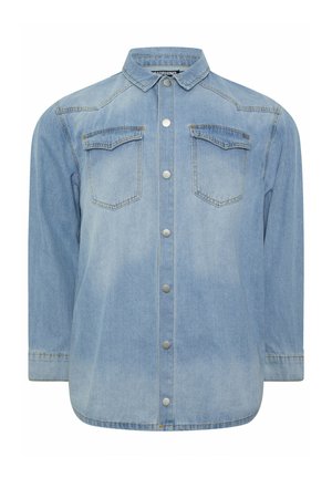 Camicia in denim azzurro chiaro con bottoni, maniche lunghe, due tasche con pattina sul petto e colletto classico.
