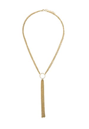 Złoty naszyjnik z łańcuszkiem, ozdobiony okrągłym wisiorkiem z teksturowanym frędzlem zwisającym w dół. Lekka konstrukcja z delikatnym, błyszczącym wykończeniem.