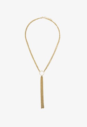 Złoty naszyjnik z łańcuszkiem, ozdobiony okrągłym wisiorkiem z teksturowanym frędzlem zwisającym w dół. Lekka konstrukcja z delikatnym, błyszczącym wykończeniem.