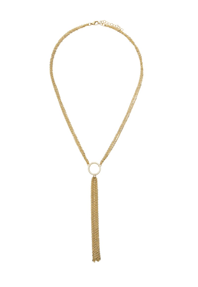 Złoty naszyjnik z łańcuszkiem, ozdobiony okrągłym wisiorkiem z teksturowanym frędzlem zwisającym w dół. Lekka konstrukcja z delikatnym, błyszczącym wykończeniem.