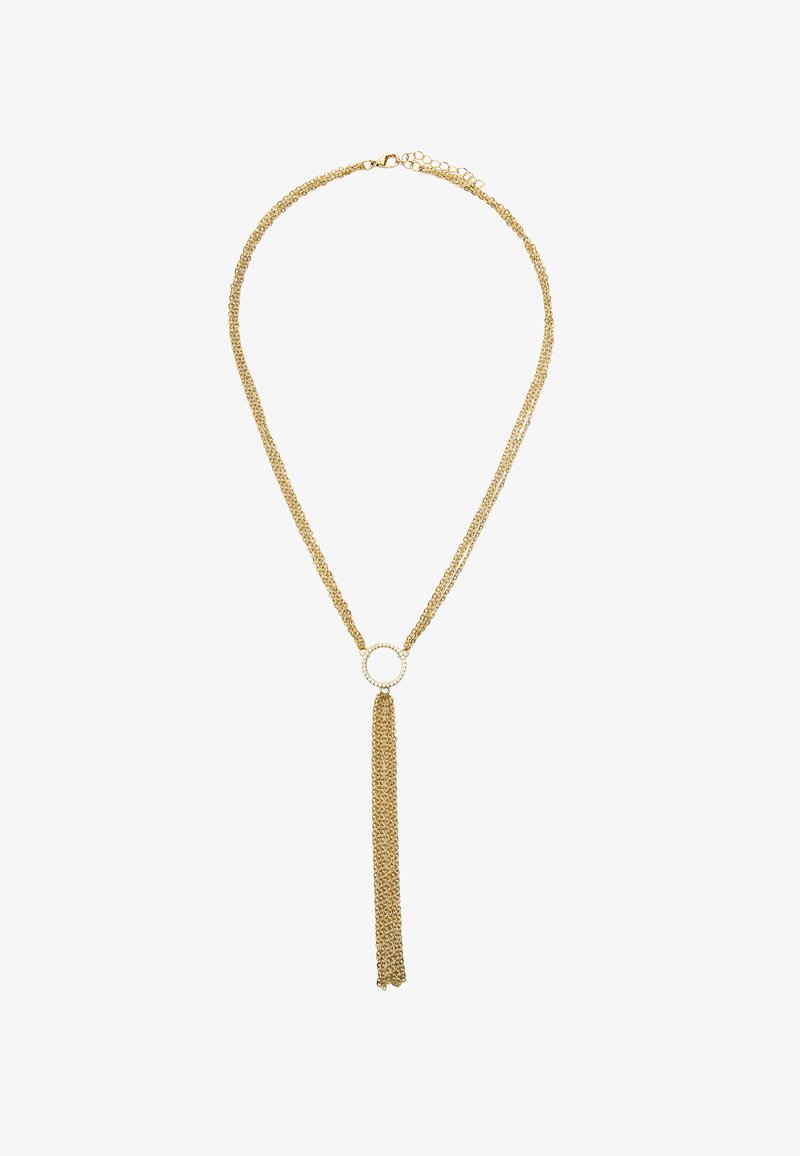Złoty naszyjnik z łańcuszkiem, ozdobiony okrągłym wisiorkiem z teksturowanym frędzlem zwisającym w dół. Lekka konstrukcja z delikatnym, błyszczącym wykończeniem.