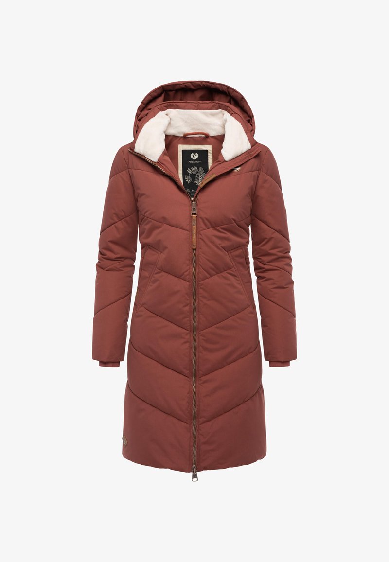 Hosszú, bordó pufferezett kabát kapucnival, steppelt mintákkal, elöl cipzárral és polár béléssel a gallérnál a melegebb viseletért.