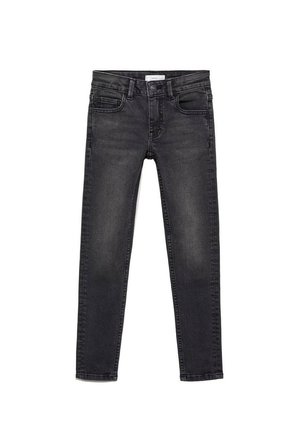 Jean skinny en denim noir avec une taille mi-haute, cinq poches et des détails de décoloration subtils sur les jambes. Coutures classiques et fermeture éclair à l'avant.
