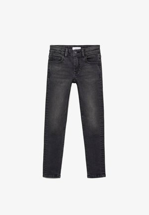 Jeans skinny in denim nero con vita medio-alta, cinque tasche e leggere sfumature sulle gambe. Cuciture classiche e chiusura con zip.