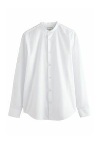 Camisa blanca de manga larga con cuello redondo, cierre frontal de botones y tejido de algodón suave. Presenta mangas largas y un dobladillo curvado.