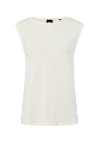Witte mouwloze blouse met een ronde halslijn en een zwart "BOSS" label aan de binnenkant van de boord.