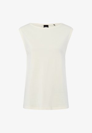 Weiße ärmellose Bluse mit rundem Ausschnitt und einem schwarzen "BOSS"-Label im Kragen.