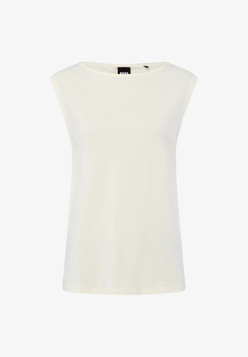 Witte mouwloze blouse met een ronde halslijn en een zwart "BOSS" label aan de binnenkant van de boord.