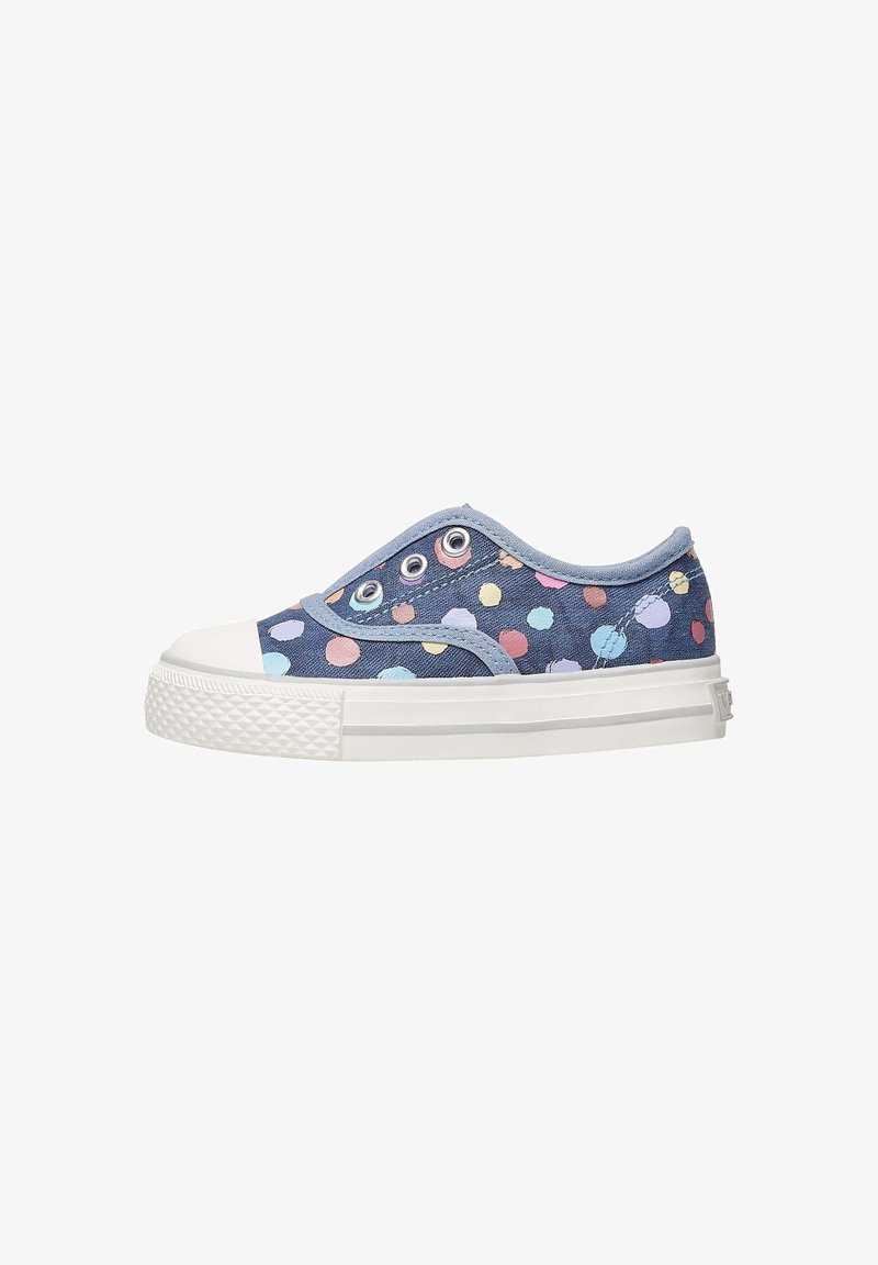 Scarpa slip-on in tela blu con pois multicolori, punta e suola in gomma bianca, pareti laterali testurizzate e dettagli a occhiello.