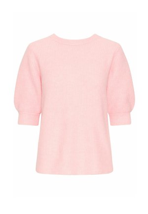 Kurzarm-Pullover in zartem Pastellrosa, mit einem strukturierten Strickdesign und einem lockeren Sitz, Rundhalsausschnitt und dezent umgeschlagenen Ärmeln.