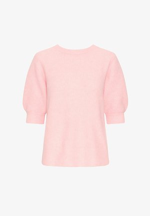Pulover s kratkimi rokavi v mehki pastelno roza barvi, ki se ponaša z teksturiranim pletenjem in sproščenim krojem, okroglo izrezano ovratnico ter diskretno zavihanima rokavoma.
