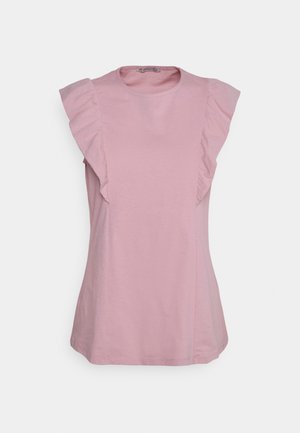 Light pink sleeveless top made of soft fabric, featuring ruffled accents on the shoulders and a rounded neckline.