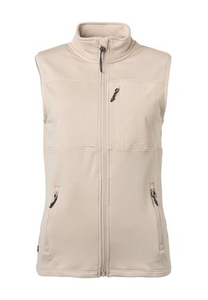 Beige ærmeløs vest med høj krave, lynlås foran, to sidelommer med lynlås og en brystlomme med lynlås.