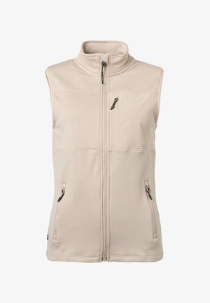 Beige mouwloos vest met hoge kraag, ritssluiting aan de voorkant, twee zijzakken met rits en één borstzak met rits.
