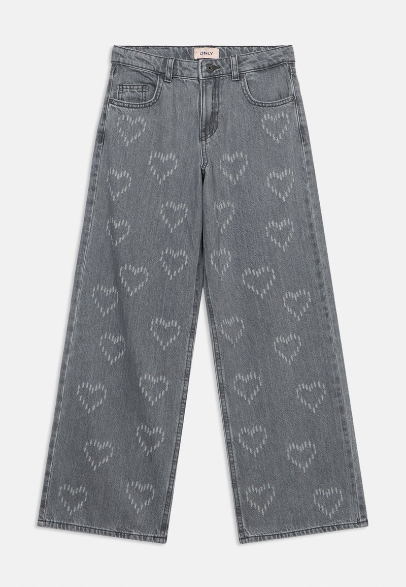 Ανοιχτό γκρι τζιν με μεγάλο φαρδύ πόδι, διακοσμημένο με επαναλαμβανόμενο μοτίβο καρδιών σε πιο ανοιχτό γκρι, με κλασικό πεντακάβαλο σχεδιασμό και κούμπωμα με κουμπί.