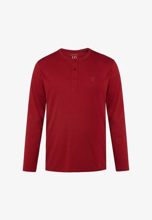 Rode langemouths T-shirt van katoen met een ronde hals, drieknoopsluitingen en een subtiele logodetail op de borst. Strakke textuur.