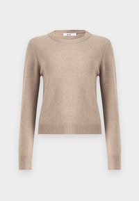 Beige genser med rund hals, strikket tekstur, lange ermer, ribbestrikket kant og mansjetter, minimalistisk design, mykt materiale.