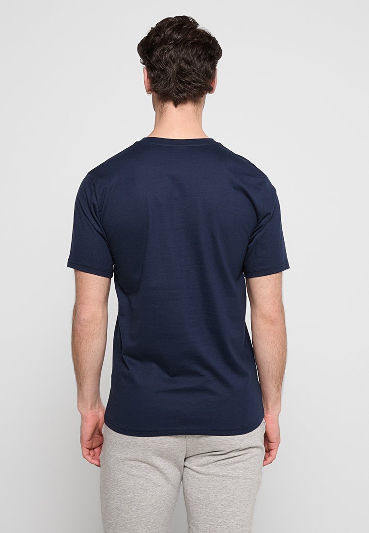 Marineblaue Kurzarm-T-Shirt aus Baumwolle, mit klassischem Schnitt und glatter Textur, von hinten gezeigt.
