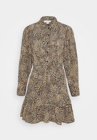 Leopardmönstrad klänning med långa ärmar, knäppning fram, figursydd midja och en utstående volang nederkant. Gjord av lätt tyg i beige och svart.