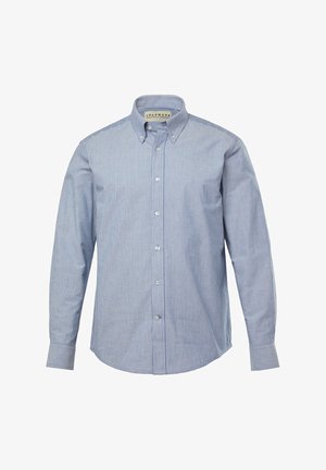 Blauw-wit gestreept overhemd met lange mouwen, met een button-down kraag en een afgeronde zoom. Bevat witte knopen en contrasterende manchetten.