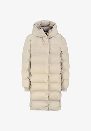 Beige puffer coat with a hood, featuring a smooth texture, quilted pattern, and ribbed cuffs. Front closure with buttons and pockets.