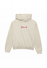 Sudadera con capucha color crema de ajuste relajado. Cuenta con un bolsillo frontal tipo canguro y el logo "Gastroillo" bordado en rojo. Textura suave.