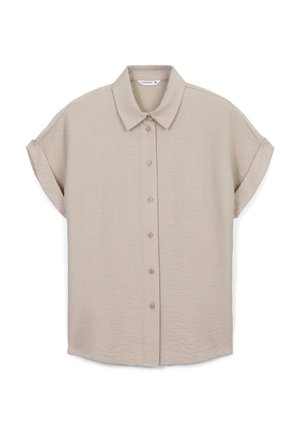 Camicia a maniche corte con bottoni di un beige chiaro. Realizzata in tessuto testurizzato con una finitura morbida. Presenta un colletto classico e polsini arrotolati.