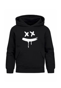 Schwarzer Hoodie aus Baumwollmischung mit einer geräumigen Vorderseite. Mit weißer Grafik von gekreuzten Augen und einem tropfenden Lächeln-Design.